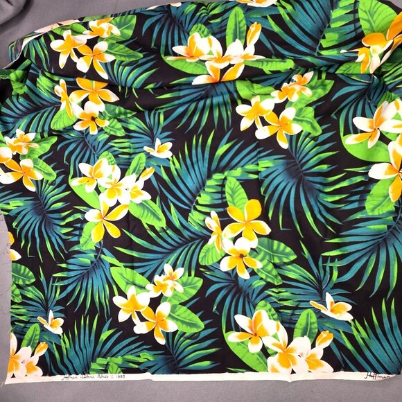 Vintage Hoffman Fabric Hawaiian Floral Plumeria Yellow Green Blue on Black 2 yds - Picture 1 of 5